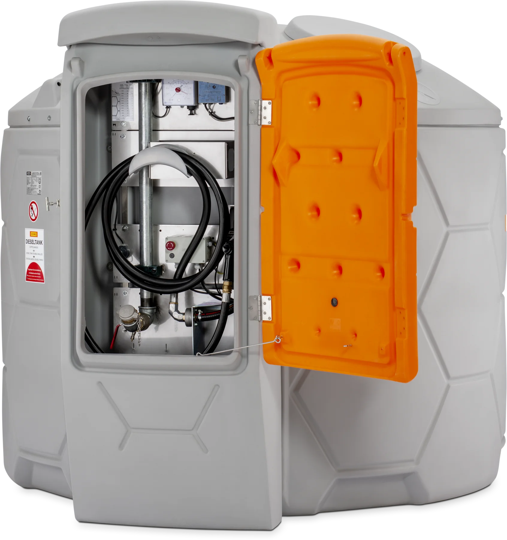 CEMO CUBE Diesel tank system, outdoor Basic, 7500 L, Automatic dispensing nozzle A80 fastfill, 230 V, 85 L/min (max.), grey, with lid, orange